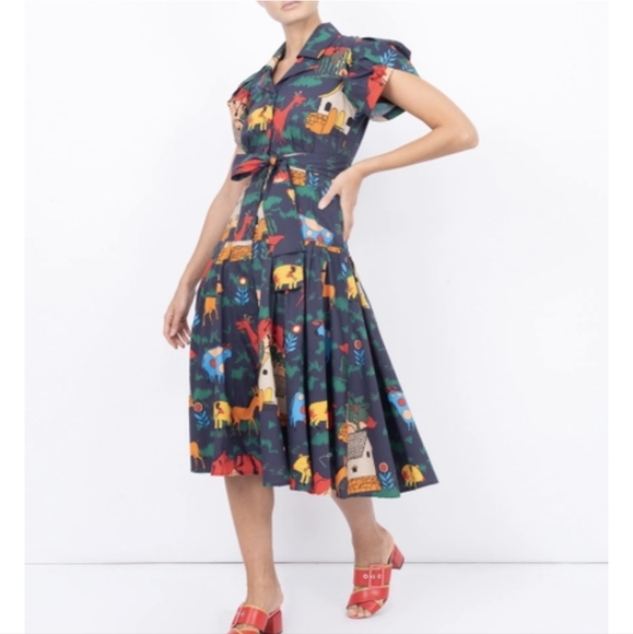 New LHD Glades Puff Sleeve Quirky Farm Animal Navy Print Midi Dress Siz… - Picture 2 of 9